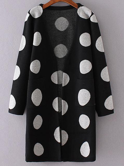 Shein Black Polka Dot Collarless Long Sweater Coat