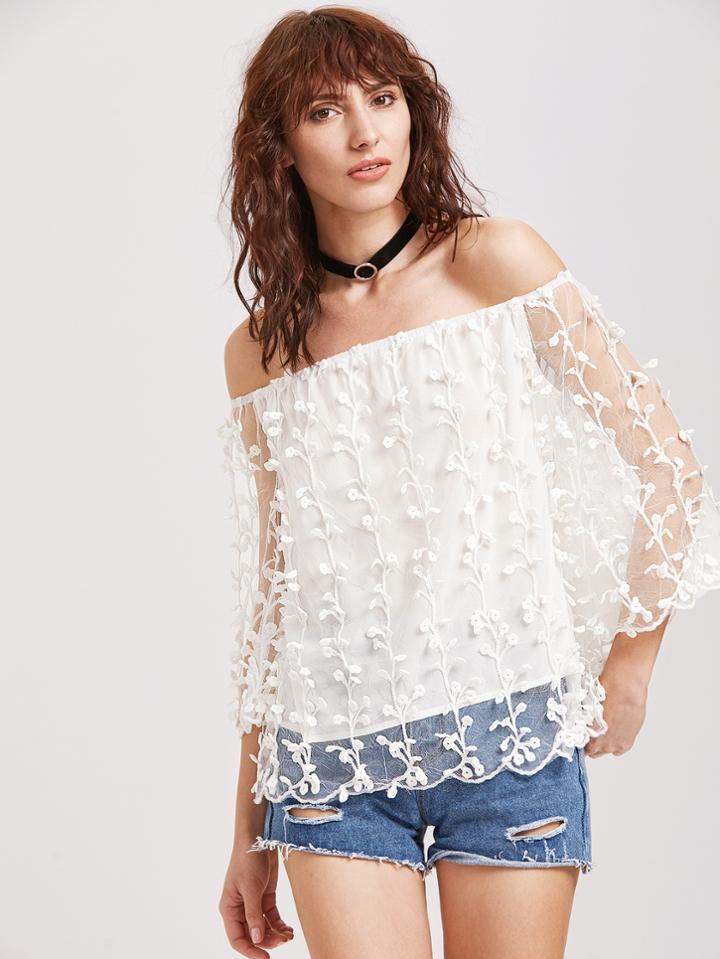 Shein White Off The Shoulder Botanical Applique Mesh Overlay Top