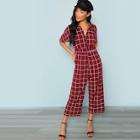 Shein Zip Half Placket Pocket Side Grid Jumpsuit