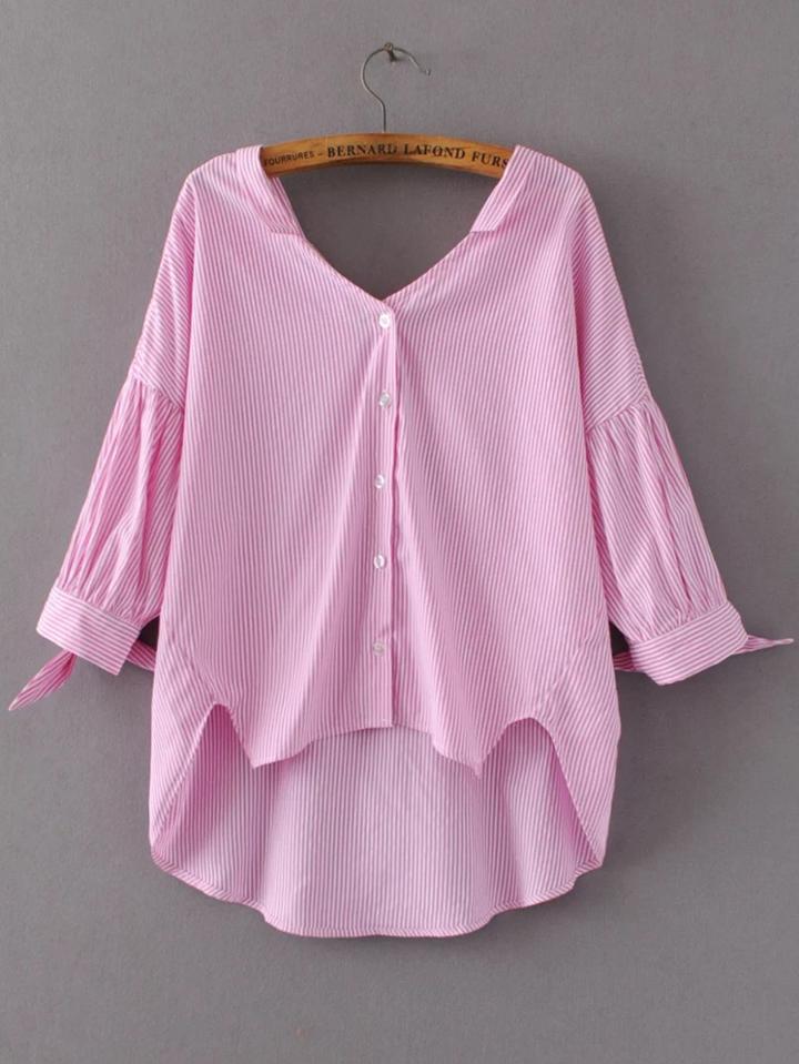 Shein Pink Vertical Striped High Low Blouse