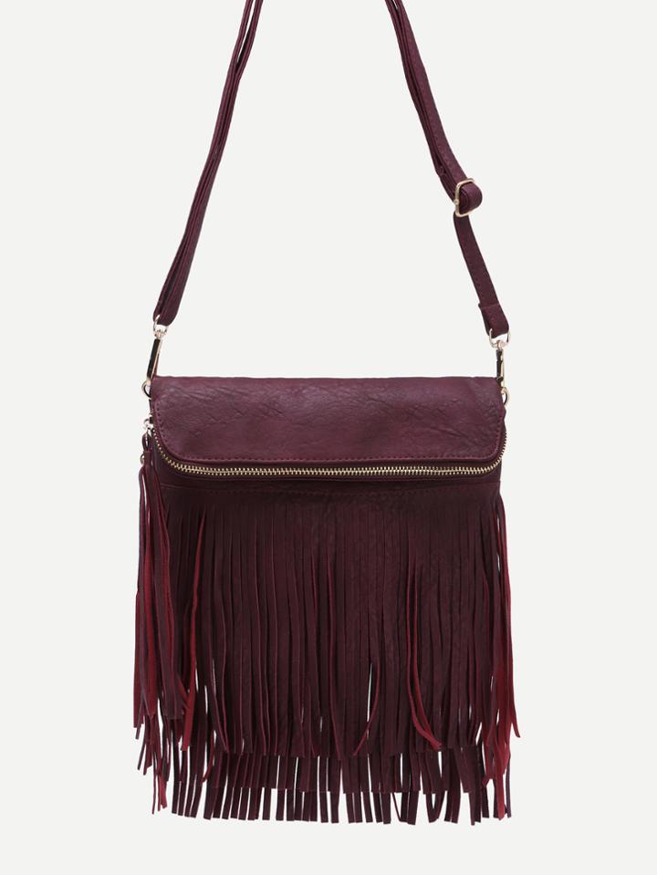 Shein Coffee Pu Zip Closure Fringe Trim Crossbody Bag