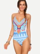 Shein Crisscross Tribal Print One-piece Swimwear - Light Blue