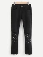 Shein Ripped Hem Knee Rips Faux Pearl Decoration Jeans