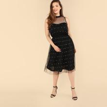 Shein Plus Mesh Yoke Pearl Beaded Dress