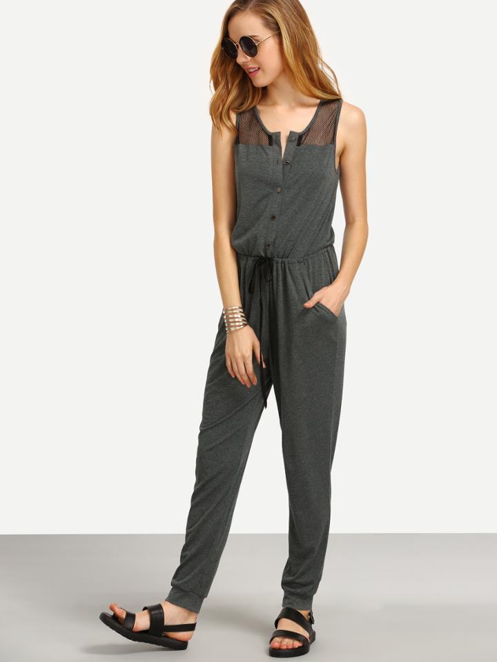 Shein Grey Pocket Button Sleeveless Tie Waist Jumpsuit
