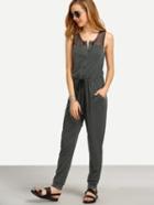 Shein Grey Pocket Button Sleeveless Tie Waist Jumpsuit