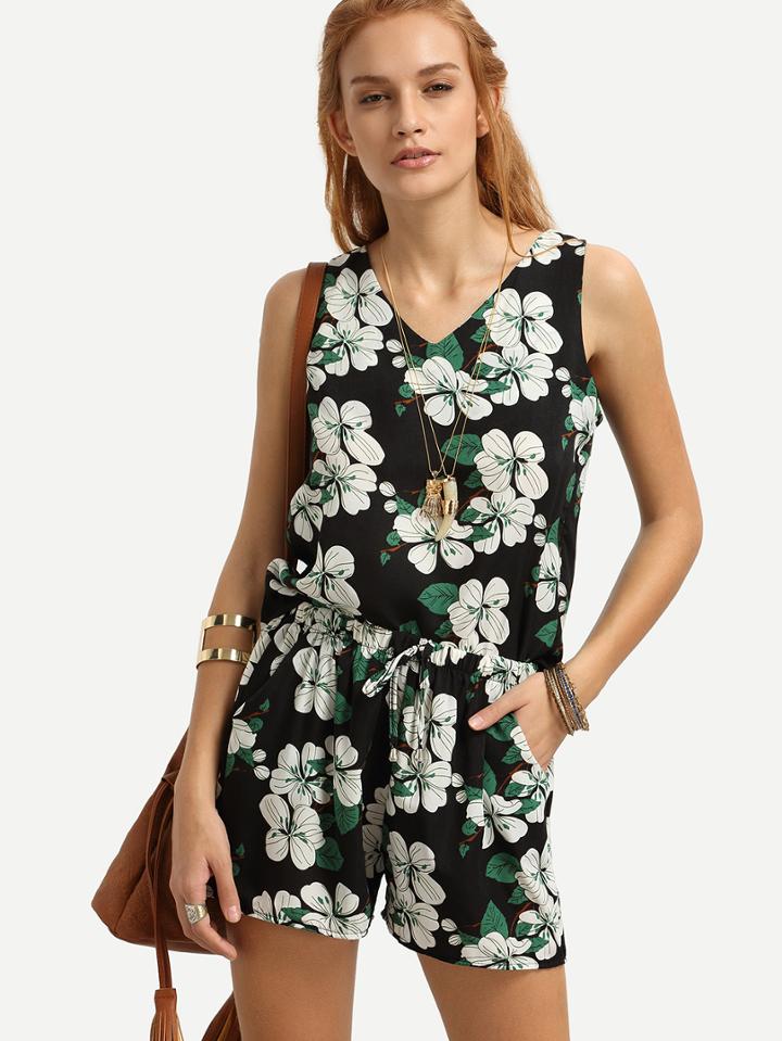 Shein Multicolor Flower Print Tank Top With Drawstring Shorts