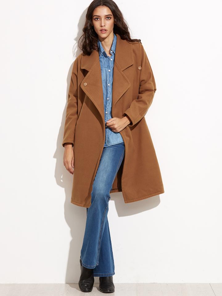 Shein Camel Shawl Collar Hidden Button Coat