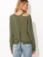 Shein Army Green Cut Out Eyelet Lace Up Back Sweatshirt