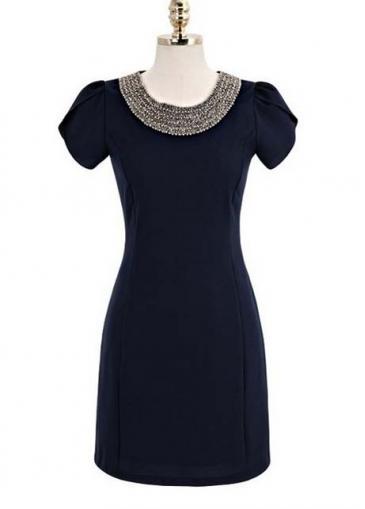 Rosewe Chic Puff Sleeve Shirred Waist Navy Dress With Rhinestone