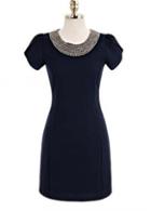 Rosewe Chic Puff Sleeve Shirred Waist Navy Dress With Rhinestone