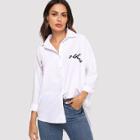 Shein Flamingo And Letter Embroidered Shirt