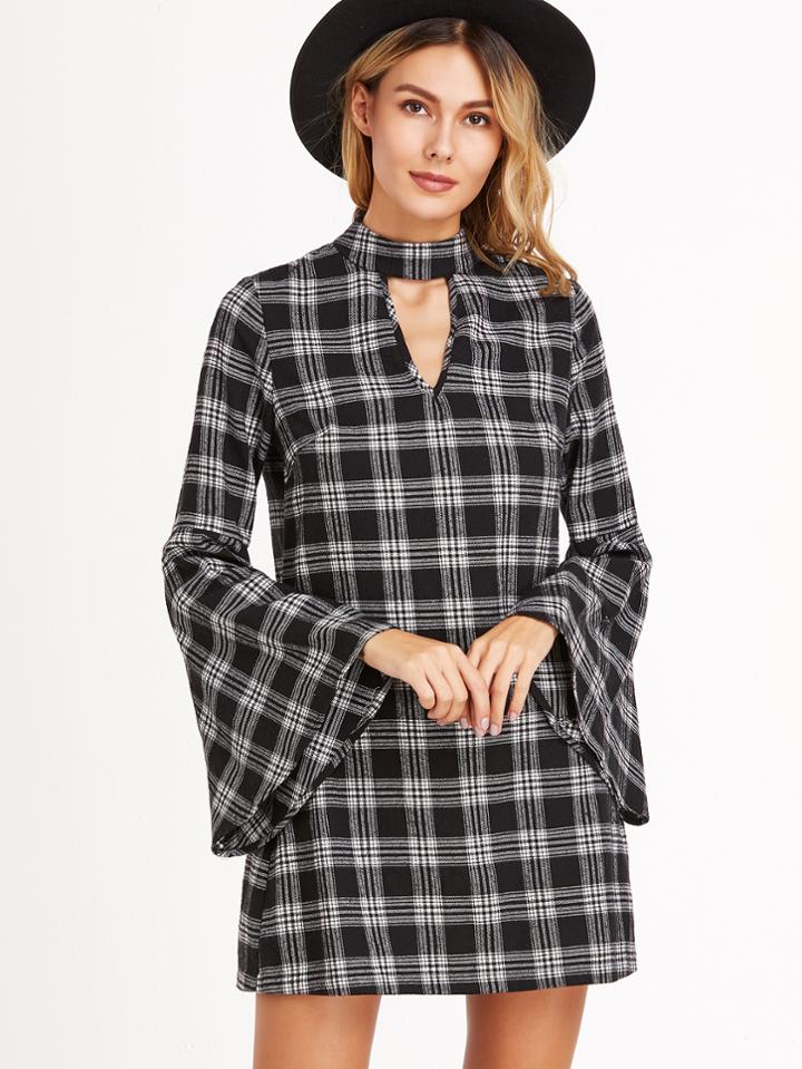 Shein Black Plaid Keyhole Front Bell Sleeve Dress