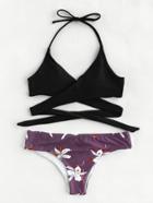 Shein Flower Print Self Tie Wrap Bikini Set