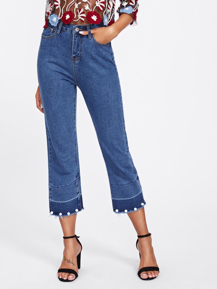 Shein Faux Pearl Frayed Hem Jeans
