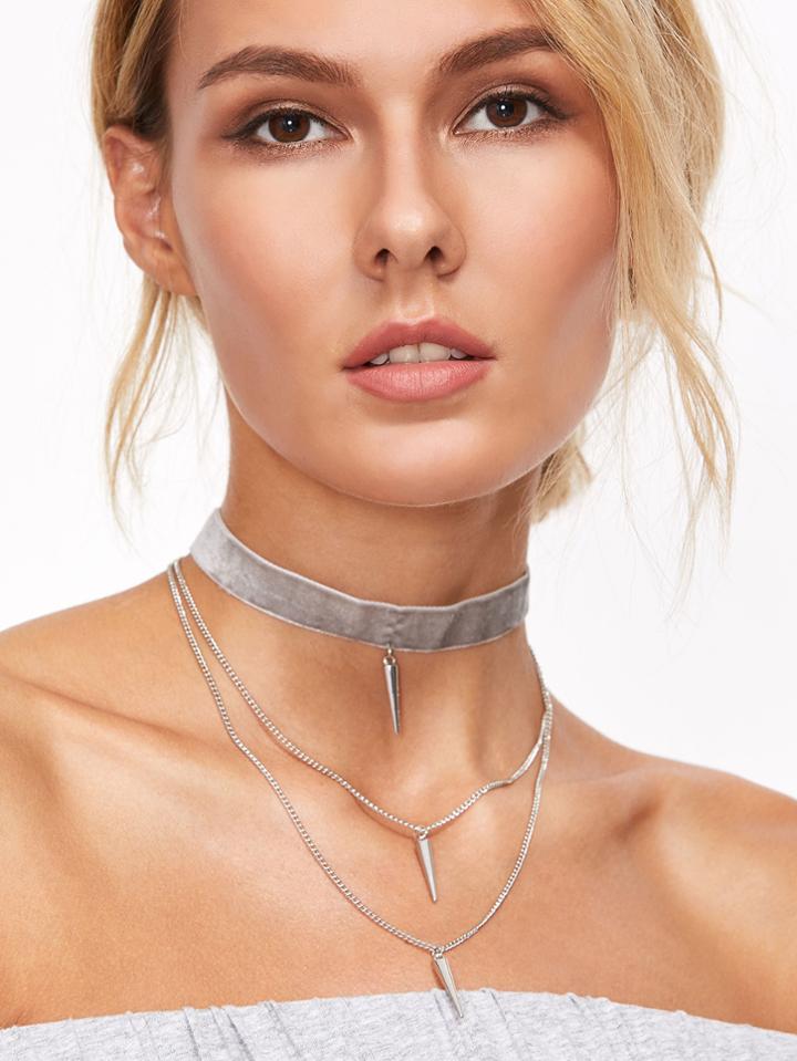 Shein Light Grey Velvet Layered Spike Choker Necklace