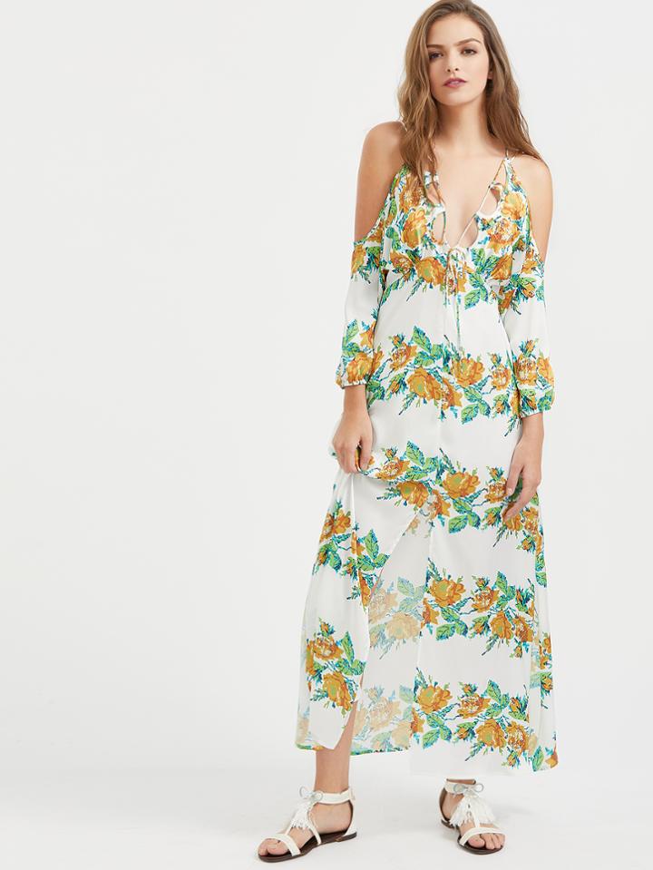 Shein Plunging V-neckline Flower Print Strappy Slit Dress