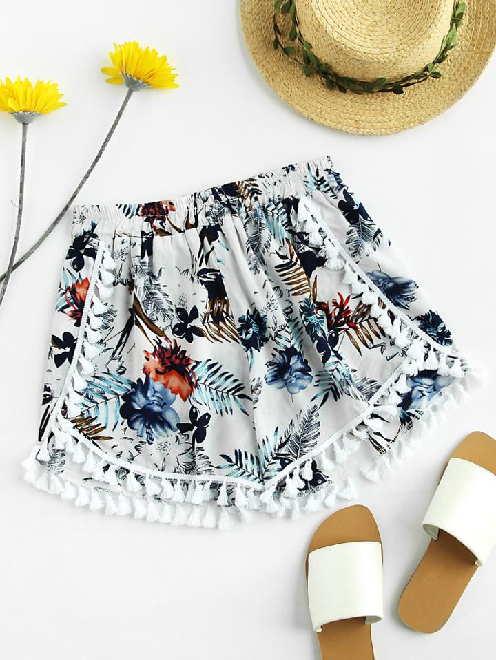 Shein Palm Leaf Random Tassel Trim Shorts