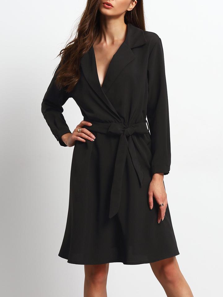 Shein Black Notch Lapel Work Dress With Belt