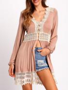 Shein Pink V Neck Long Sleeve Lace Blouse