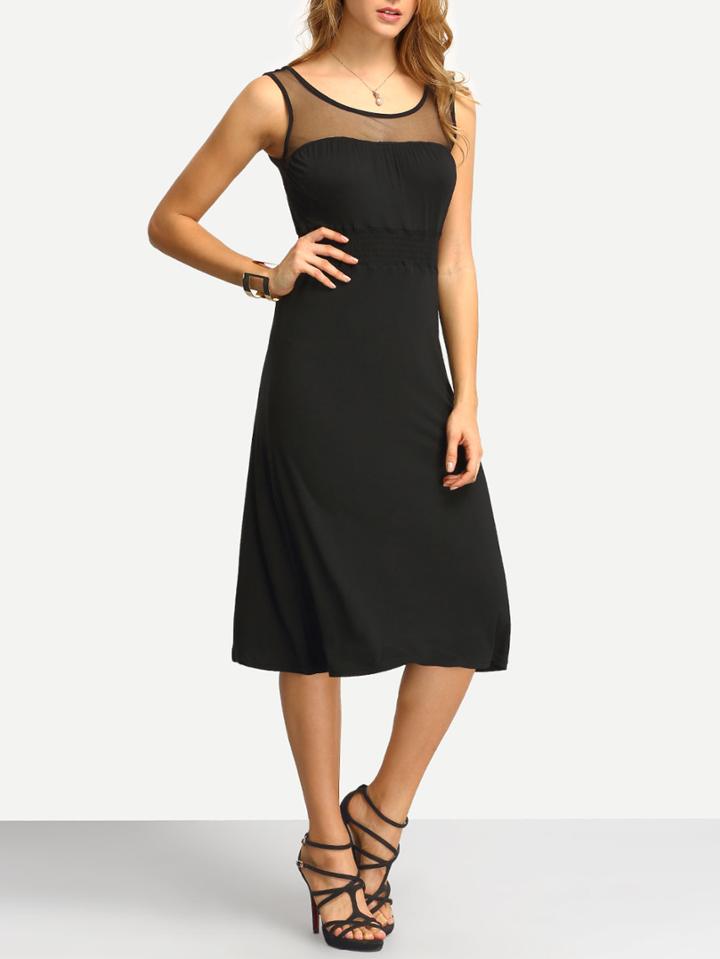 Shein Black Mesh Neckline Ladder Cutout Pleated Dress