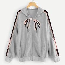 Shein Plus Striped Sleeve Zipper Up Hoodie