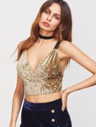 Shein Gold Contrast Strap Surplice Front Velvet Top