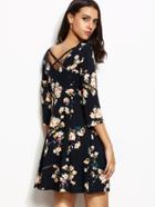 Shein Floral Print Criss Cross V Back Dress