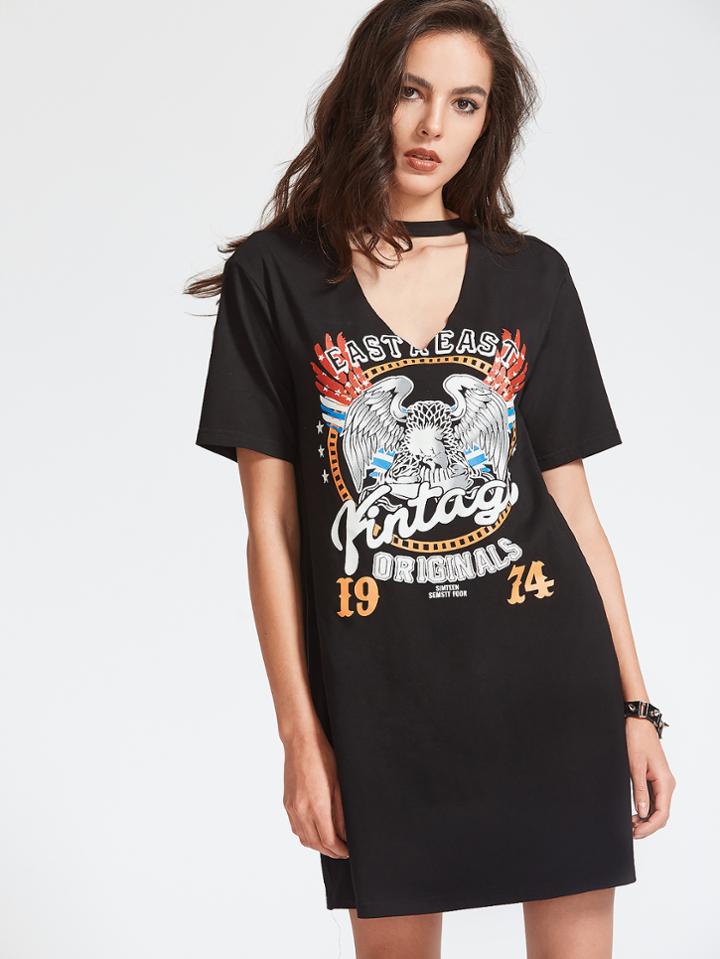 Shein Black Graphic Print Cutout V Neck Tee Dress