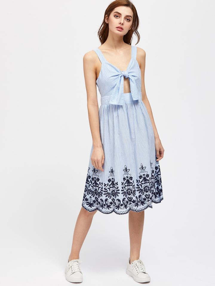 Shein Vine Embroidered Scallop Hem Knot Front Peekaboo Dress