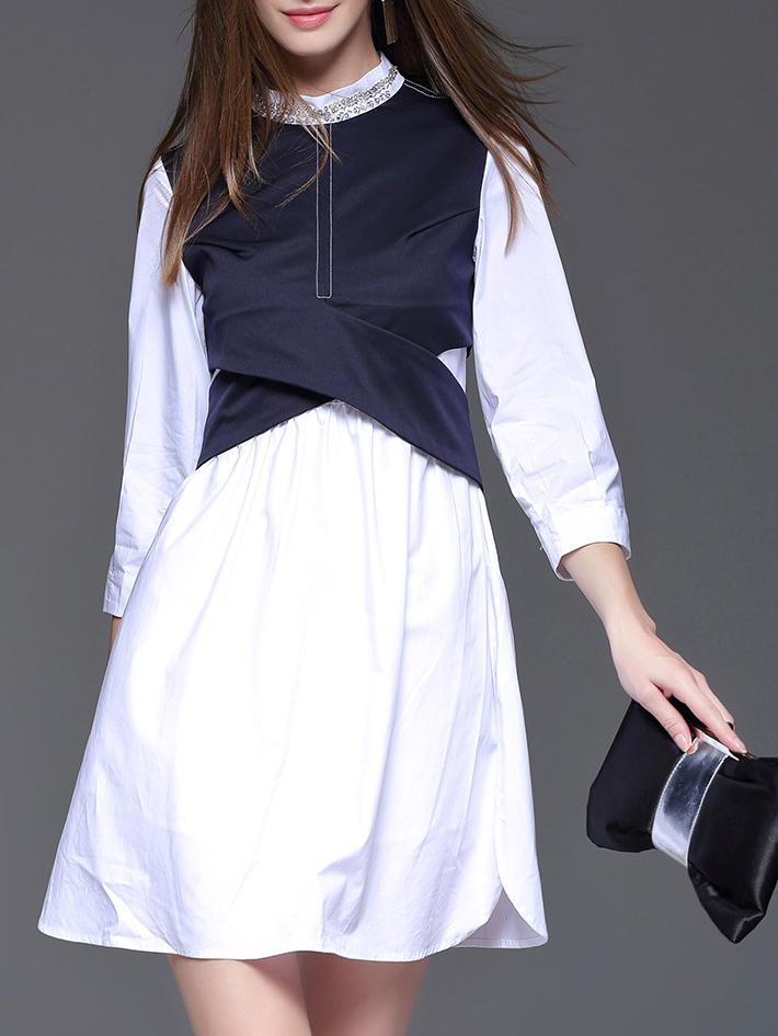 Shein White Contrast Navy Beading A-line Dress