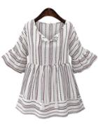 Shein White Tribal Print  Ruffle Sleeve Dress With Tassle Tie