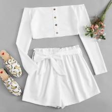 Shein Off Shoulder Single Breasted Top With Shorts