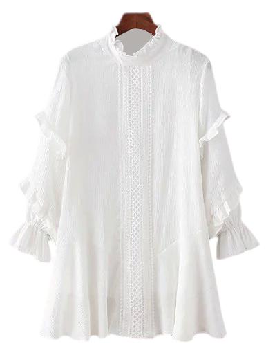 Shein White Ruffle Neck Crochet Lantern Sleeve Dress
