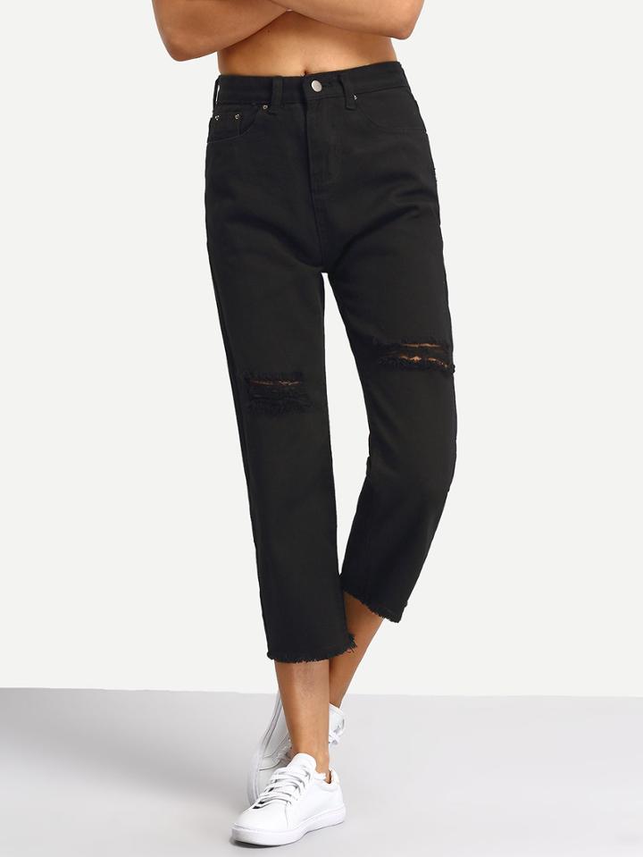 Shein Knee Ripped Black Denim Ankle Pants