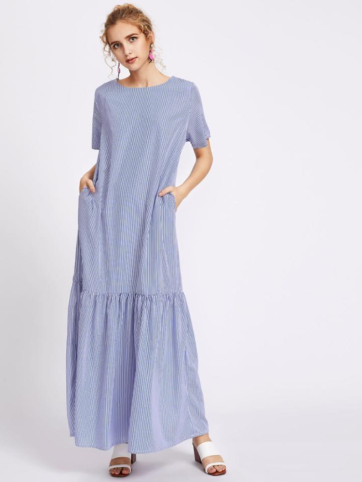 Shein Pinstripe Drop Waist Full Length Dress With Pockets