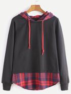 Shein Black Hooded Contrast Plaid Hem 2 In 1 Sweatshirt