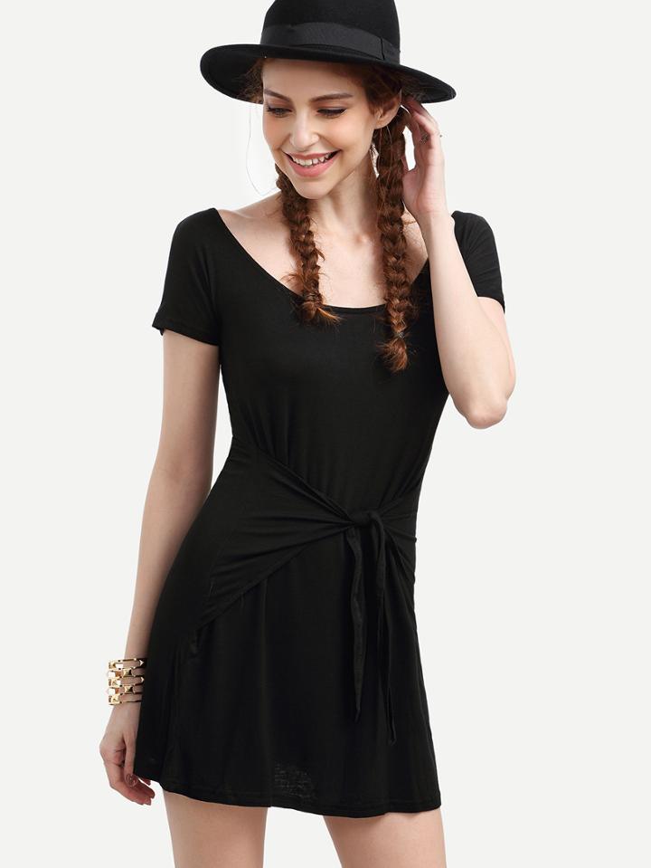 Shein Plain Black Scoop Neck Knotted Front Dress