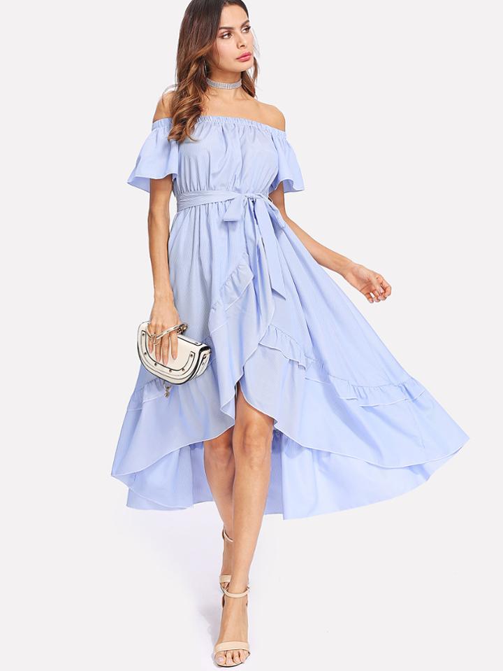 Shein Ruffle Trim Overlap Hem Striped Bardot Dress