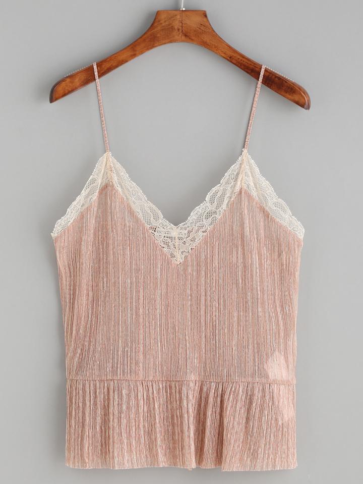 Shein Pink Lace Trim Peplum Cami Top