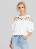 Shein Open Shoulder Flower Embroidery Blouse