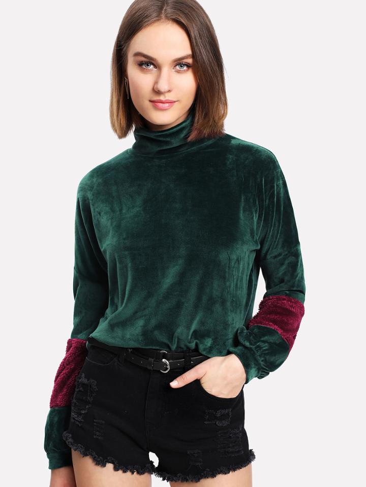 Shein Contrast Faux Fleece Panel Velvet Pullover