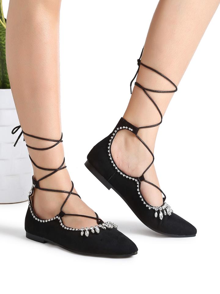 Shein Black Rhinestone Detail Lace Up Ballet Flats