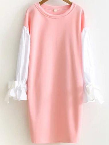 Shein Pink Color Block Tie Cuff Side Slit Sweatshirt Dress
