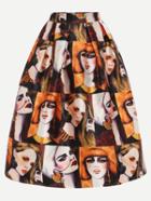 Shein Multicolor Portrait Painting Print Box Pleated Midi Skirt