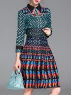 Shein Multicolor Lapel Print Two Pieces A-line Dress