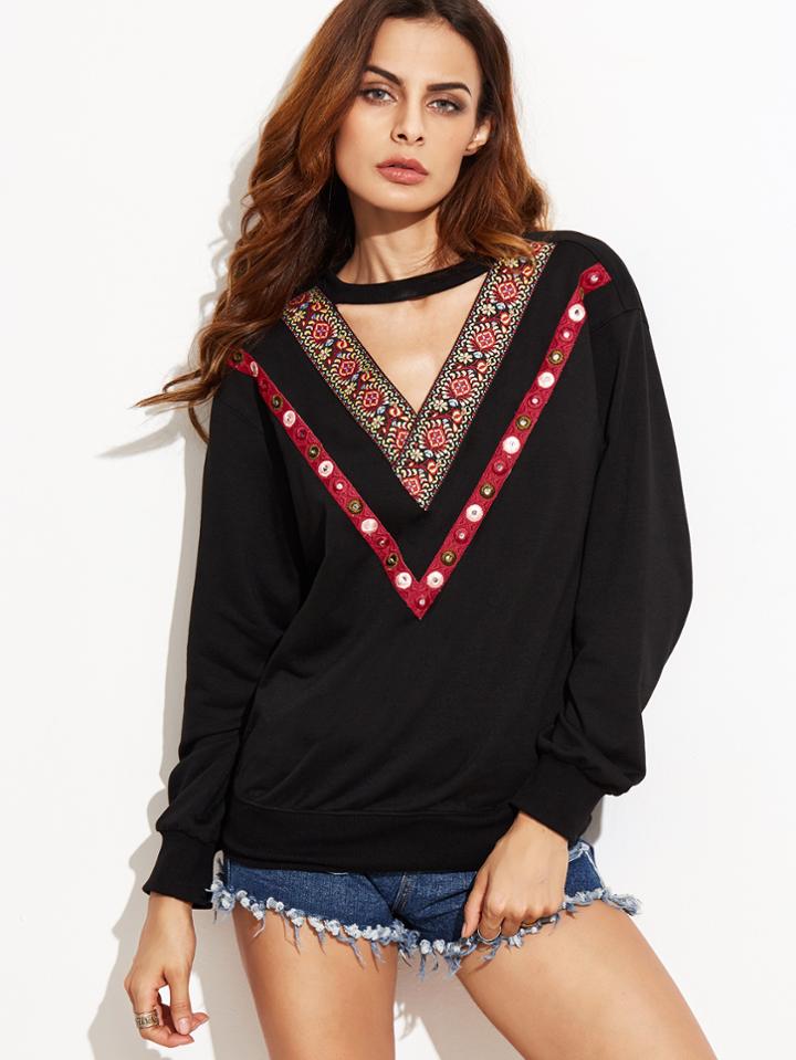 Shein Black Embroidered V Neck Sweatshirt