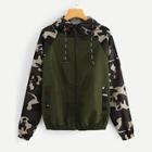 Shein Contrast Camo Panel Drawstring Hooded Jacket
