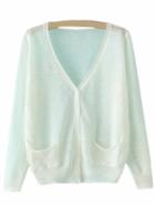 Shein White V Neck Pockets Buttons Cardigan Sweater