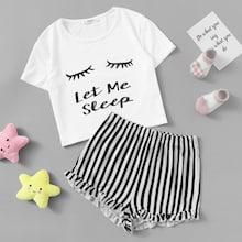 Shein Girls Letter Print Tee & Striped Shorts Pj Set